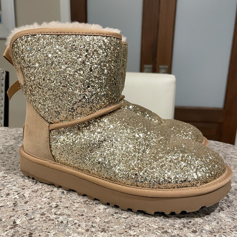 UGG Classic Mini Bow Cosmos Glitter Boots- Gold
